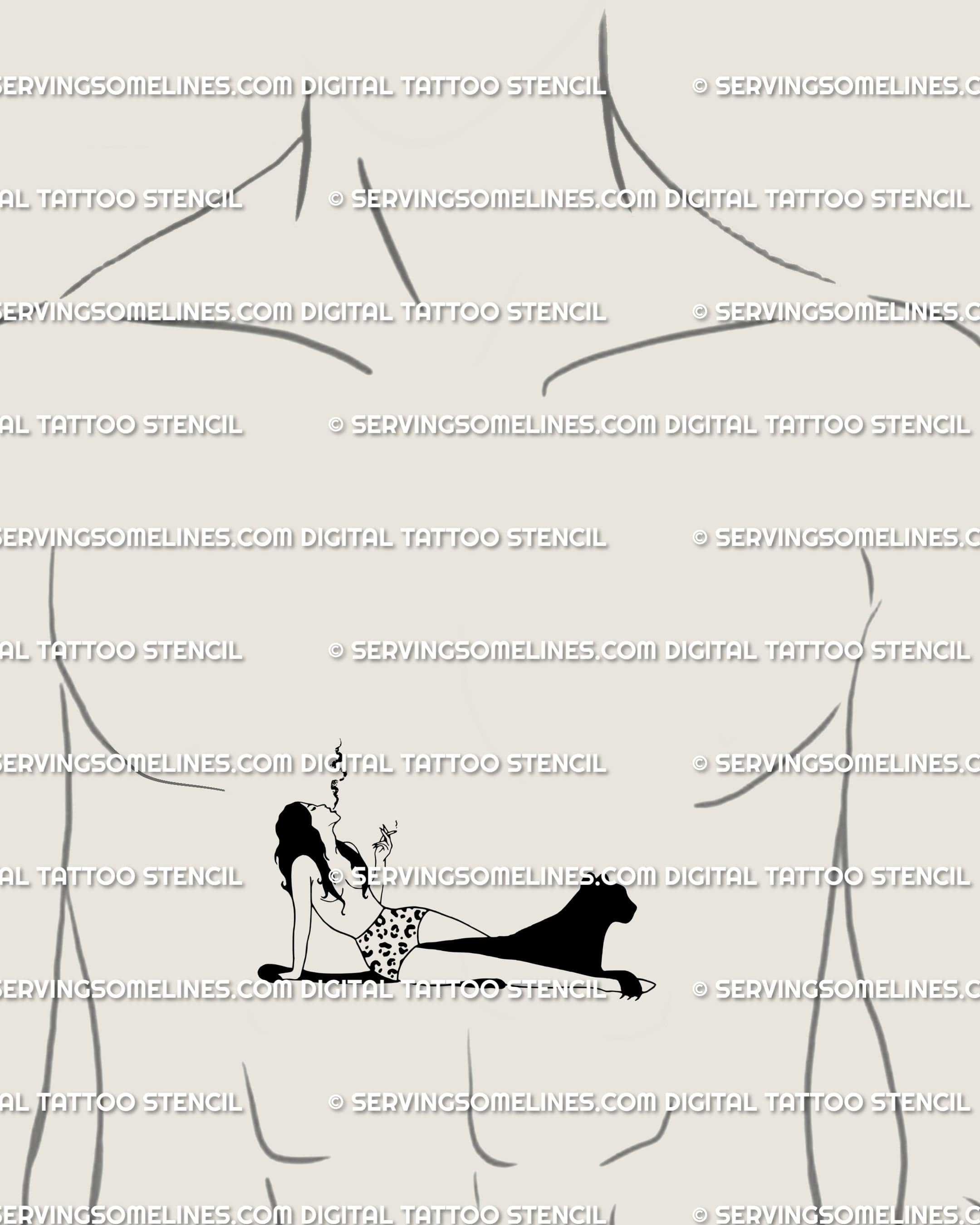 Panther and woman tattoo design placed on male chest center, gothic feminine black cat tattoo outline with sleek minimalist linework.