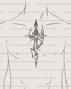 Gothic cybersigilism sword tattoo stencil shown centered on male chest, cybercore blade with celestial star accents for protective symbolism