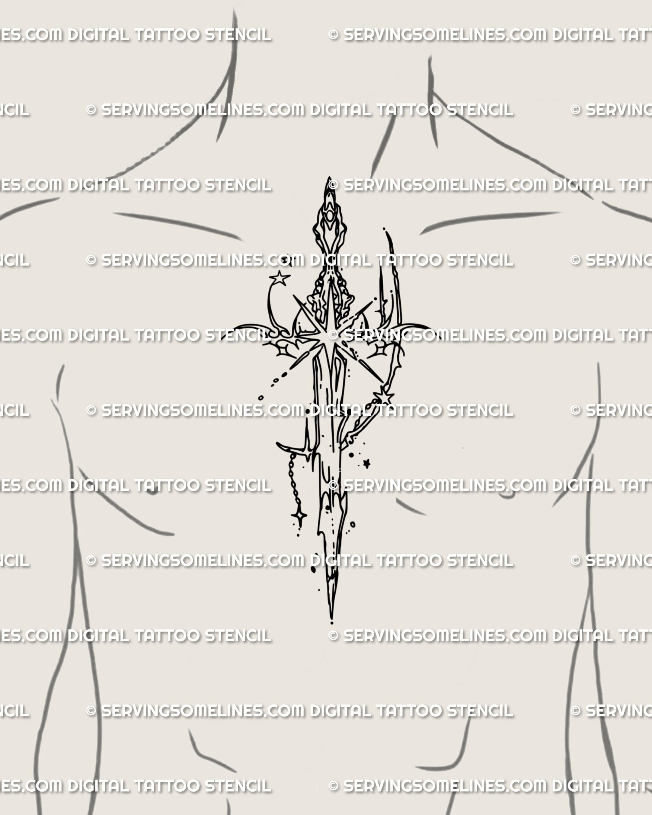 Gothic cybersigilism sword tattoo stencil shown centered on male chest, cybercore blade with celestial star accents for protective symbolism