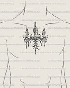 Male chest tattoo idea with chandelier candle cybersigilism design, gothic neotribal sternum-to-chest stencil for bold ornamental body art.