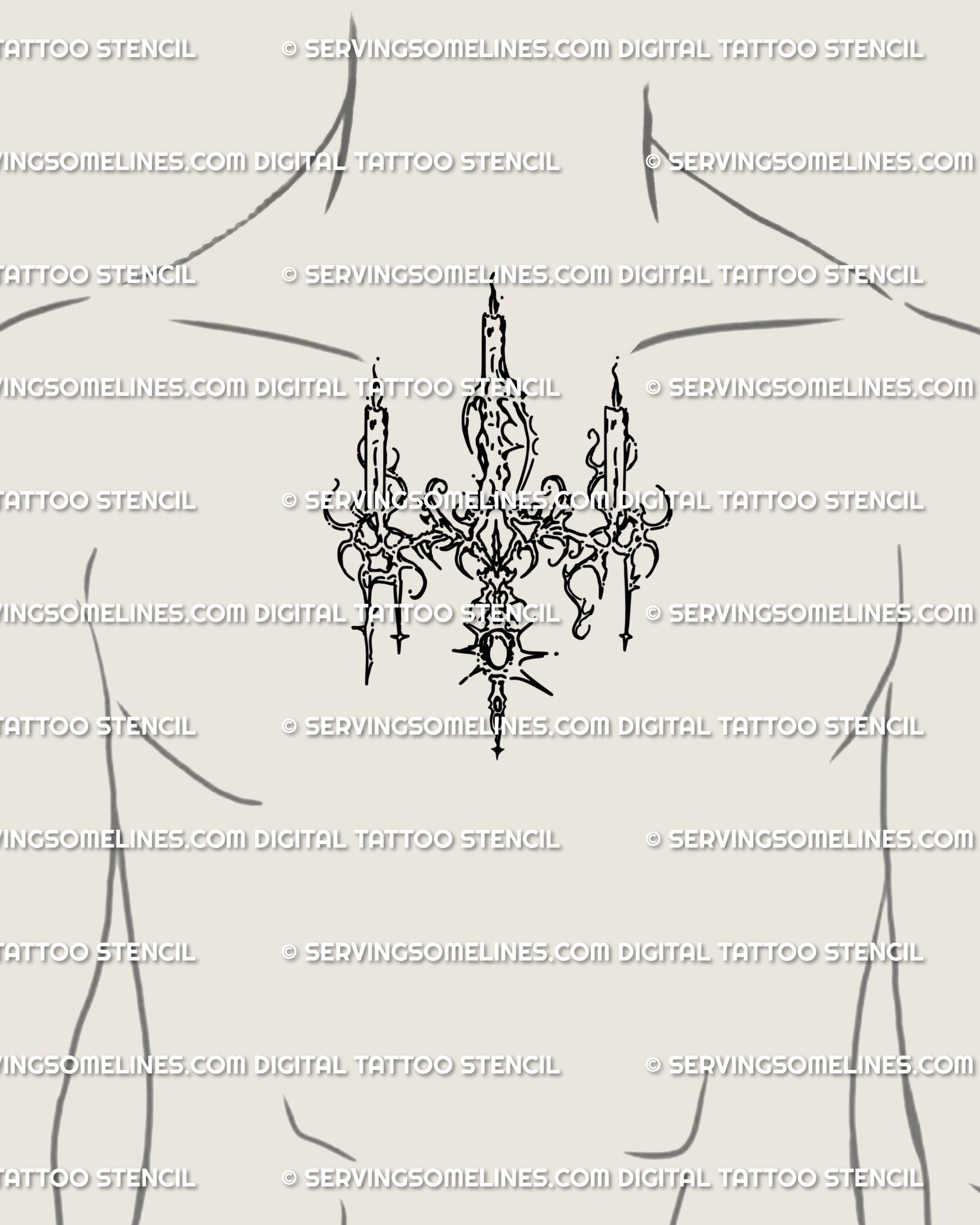 Male chest tattoo idea with chandelier candle cybersigilism design, gothic neotribal sternum-to-chest stencil for bold ornamental body art.
