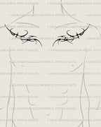 Preview of symmetrical two piece neo tribal chest tattoo stencil on male chest, digital stencil preview showing sharp cyber tribal lines.
