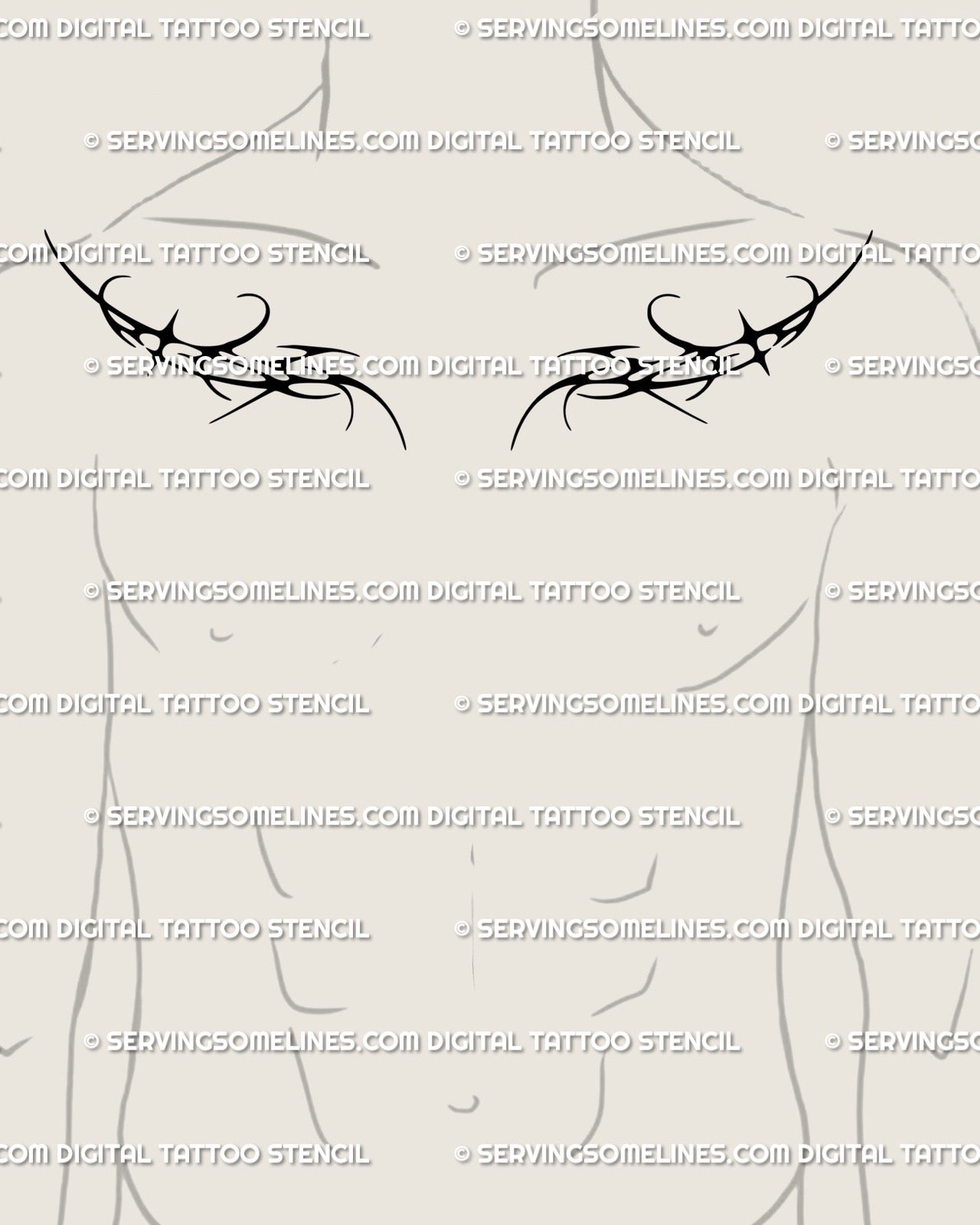 Preview of symmetrical two piece neo tribal chest tattoo stencil on male chest, digital stencil preview showing sharp cyber tribal lines.