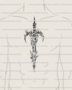 Dark fantasy sword tattoo shown on male sternum placement, gothic neotribal blade design with cyber tribal energy and spiky elegance.