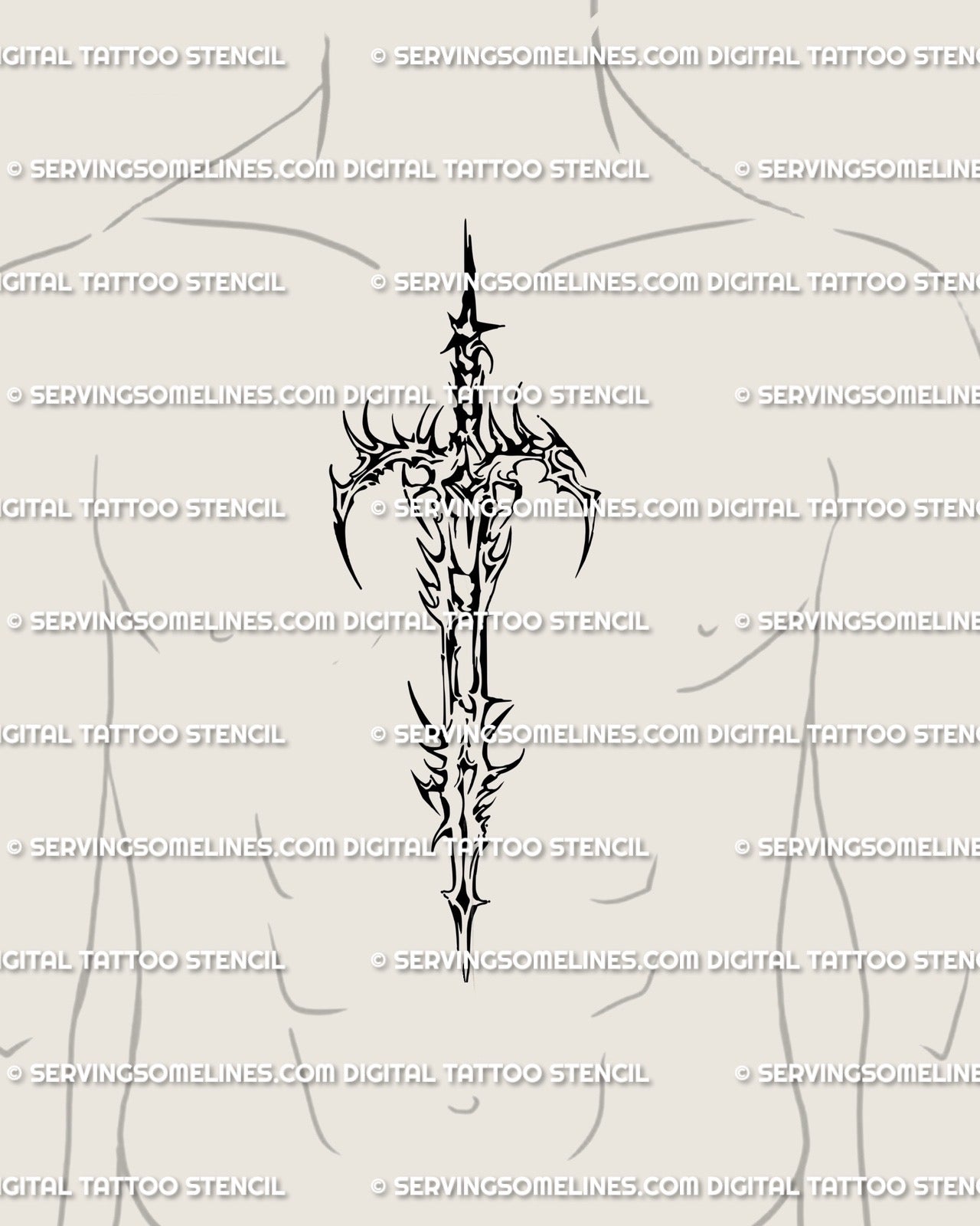 Dark fantasy sword tattoo shown on male sternum placement, gothic neotribal blade design with cyber tribal energy and spiky elegance.