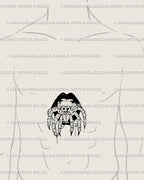 Male sternum mock-up of tarantula spider emerging from black lips, center chest placement in gothic horror style. Witchy Halloween vibe in blackwork, stencil file for artist use.