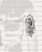 Men’s arm angel tattoo in gothic blackwork, cybertribal guardian with sword and cybersigilism wing detail, ornamental flash idea.