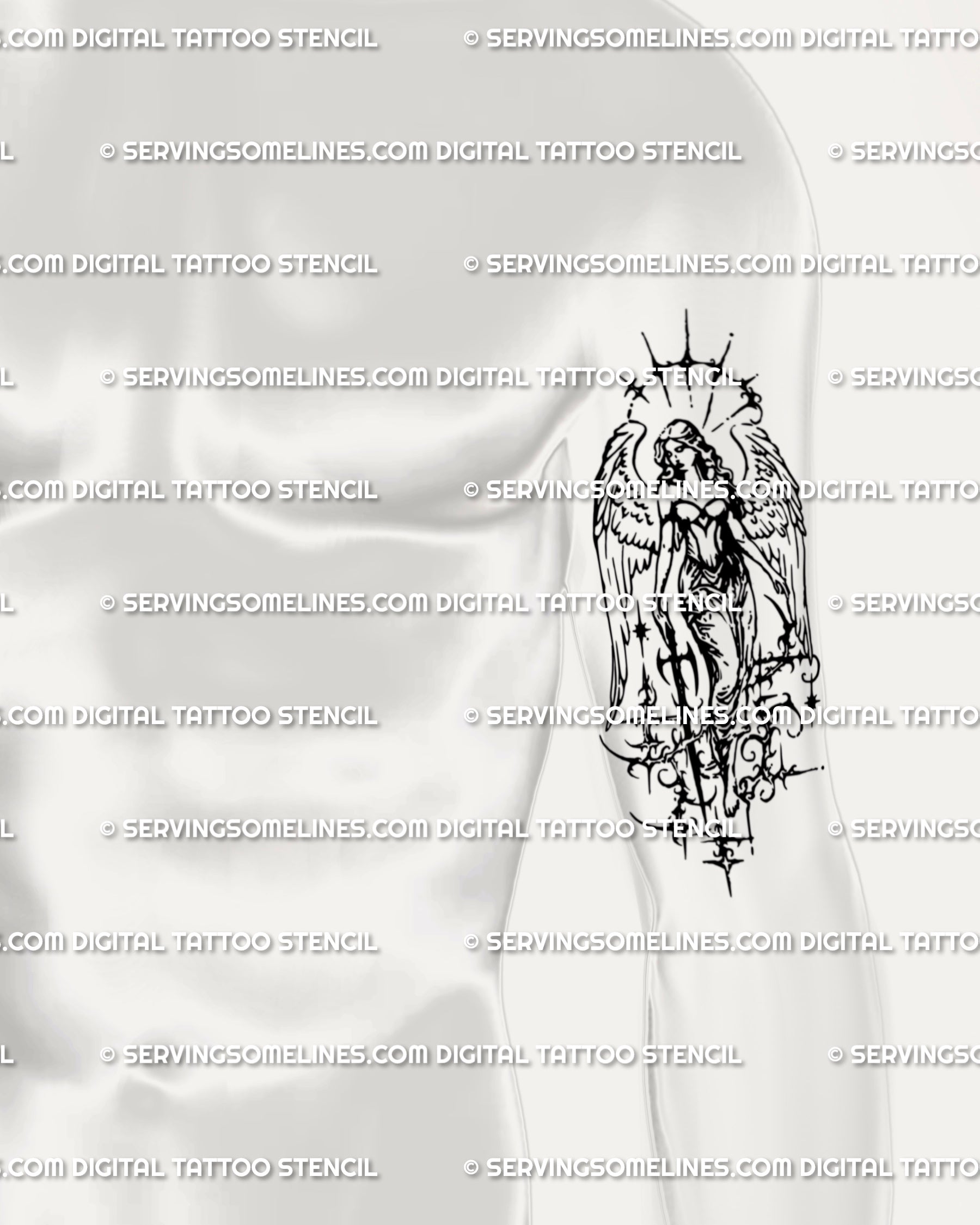 Men’s arm angel tattoo in gothic blackwork, cybertribal guardian with sword and cybersigilism wing detail, ornamental flash idea.