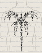 Neotribal spine tattoo with skull centerpiece, thorned cyber tribal wings and gothic symmetry shown on male back placement.