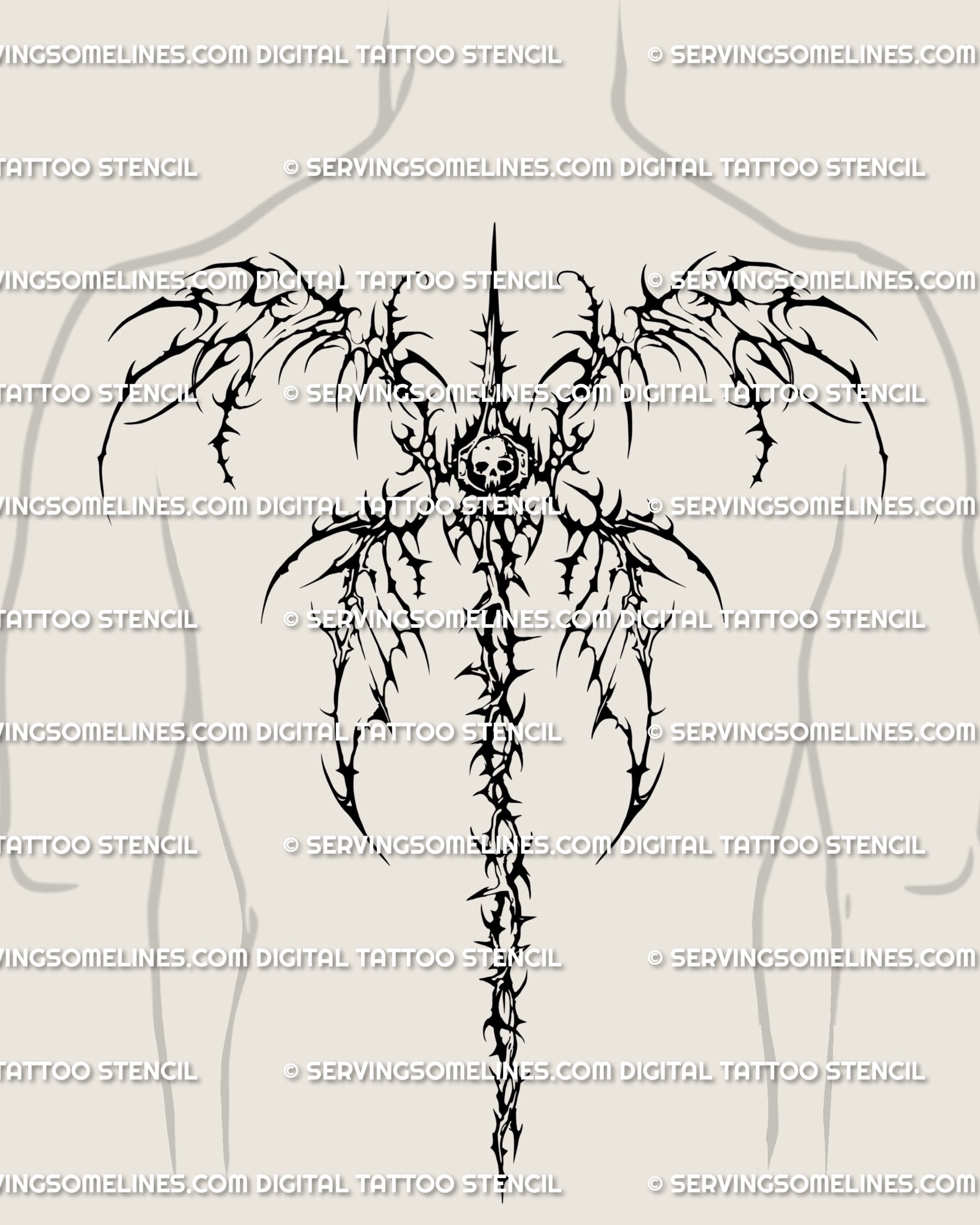 Neotribal spine tattoo with skull centerpiece, thorned cyber tribal wings and gothic symmetry shown on male back placement.