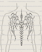 Male back tattoo idea featuring skeletal wings in gothic cyber tribal style, with bold spine structure and ornamental symmetry for a strong look.