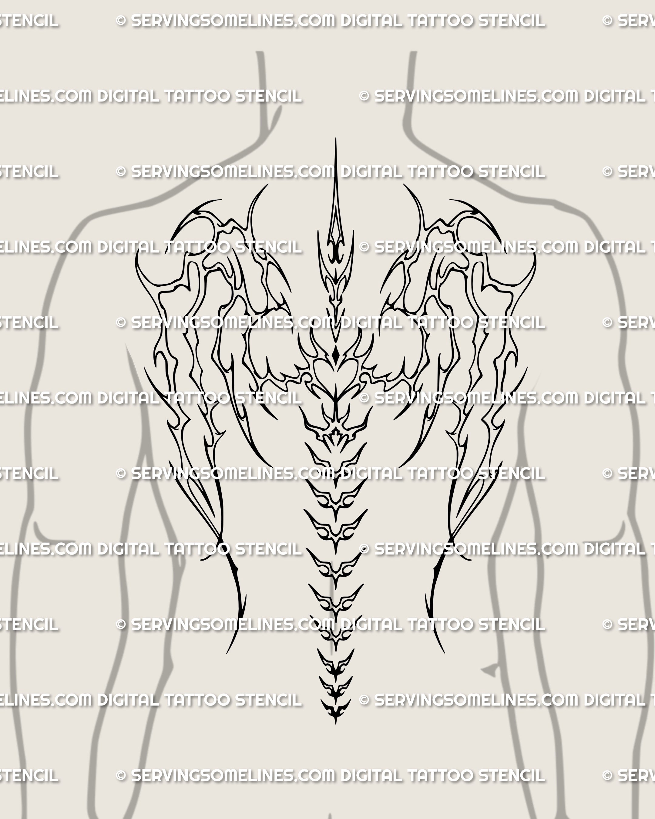 Male back tattoo idea featuring skeletal wings in gothic cyber tribal style, with bold spine structure and ornamental symmetry for a strong look.