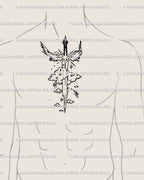 Male chest angel sword tattoo idea placed vertically over the sternum, celestial line art with wings and clouds, symbolic of faith and protection.