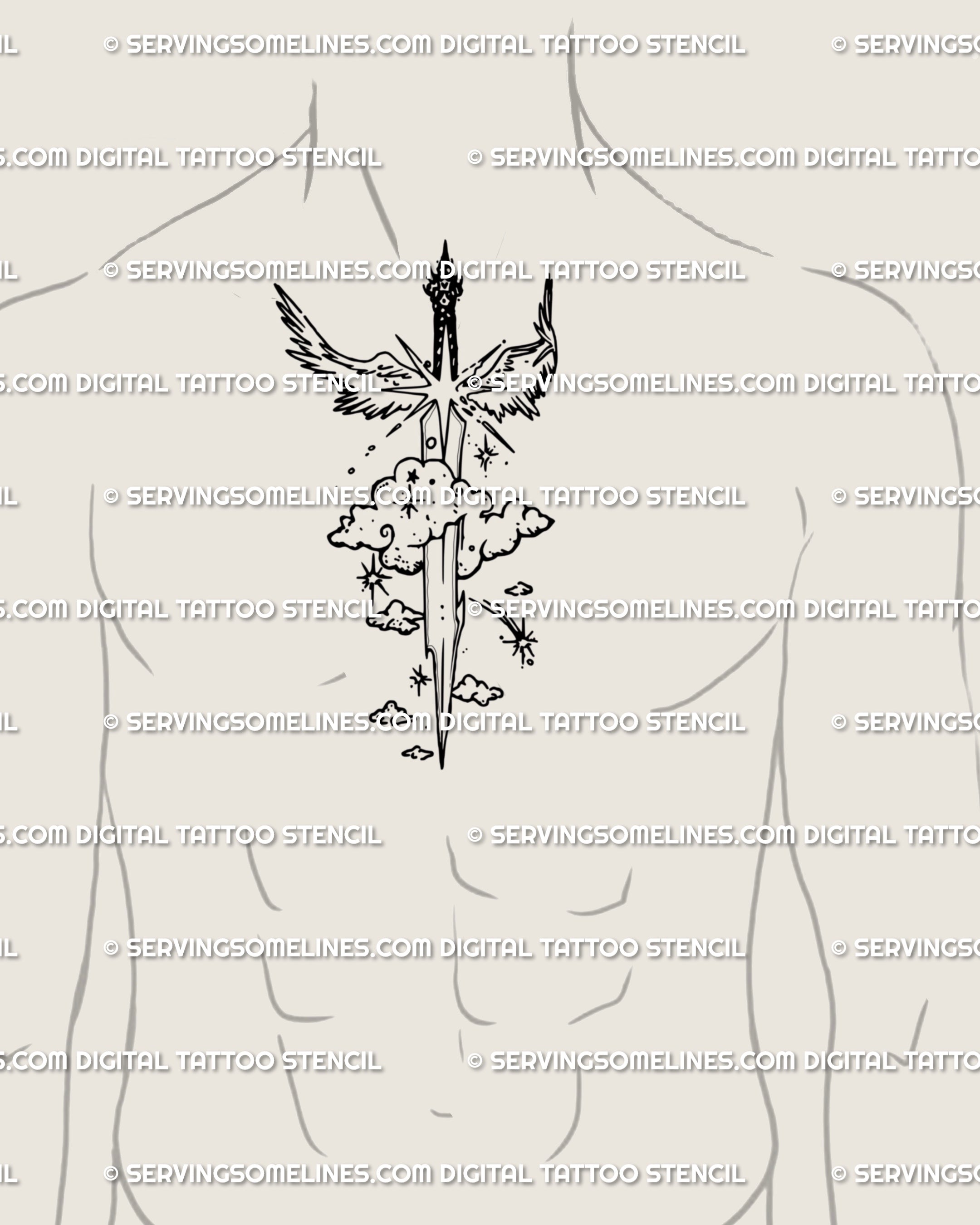 Male chest angel sword tattoo idea placed vertically over the sternum, celestial line art with wings and clouds, symbolic of faith and protection.
