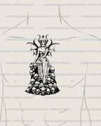 Gothic Halloween tattoo design centered on male chest, demon girl with bat wings and skulls, bold witchy fantasy tattoo stencil.