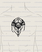 Winged demon skull tattoo placed on male chest center, chained gothic blackwork design with medieval fantasy energy