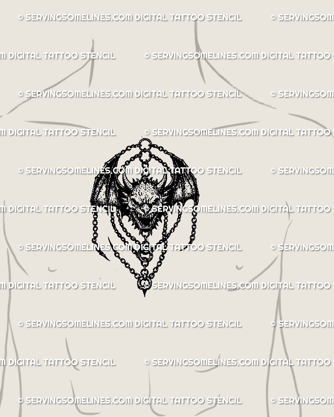 Winged demon skull tattoo placed on male chest center, chained gothic blackwork design with medieval fantasy energy
