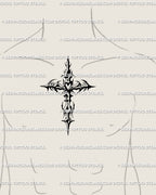 Cybertribal cross tattoo stencil placed on male chest center, bold ornamental blackwork crucifix design.