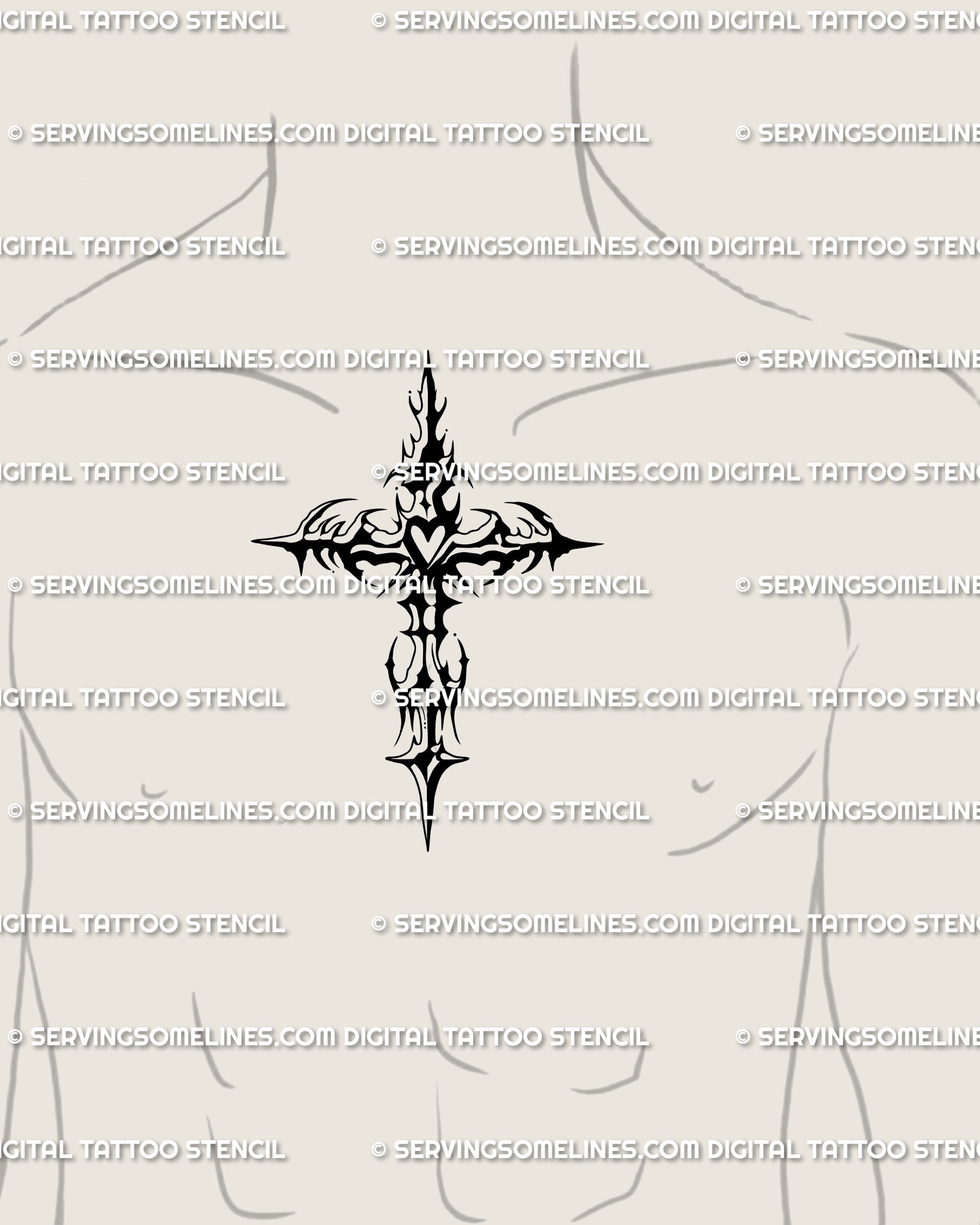 Cybertribal cross tattoo stencil placed on male chest center, bold ornamental blackwork crucifix design.