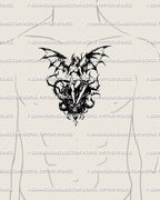 Dragon-winged woman with sword tattoo shown on male chest center placement, gothic blackwork dotwork stencil display