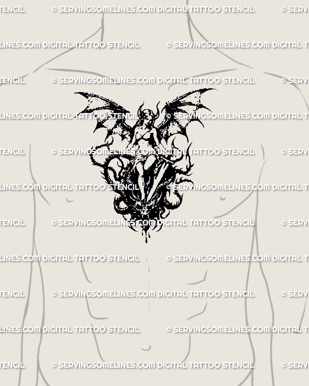 Dragon-winged woman with sword tattoo shown on male chest center placement, gothic blackwork dotwork stencil display