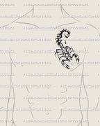 Scorpion heart tattoo design for men, placed on the side chest, neotribal stencil with strong gothic lines and protective meaning.