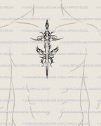 Male chest center placement of spiked tribal dagger tattoo flash—winged butterfly and subtle flames, framed for sternum and pectoral flow.