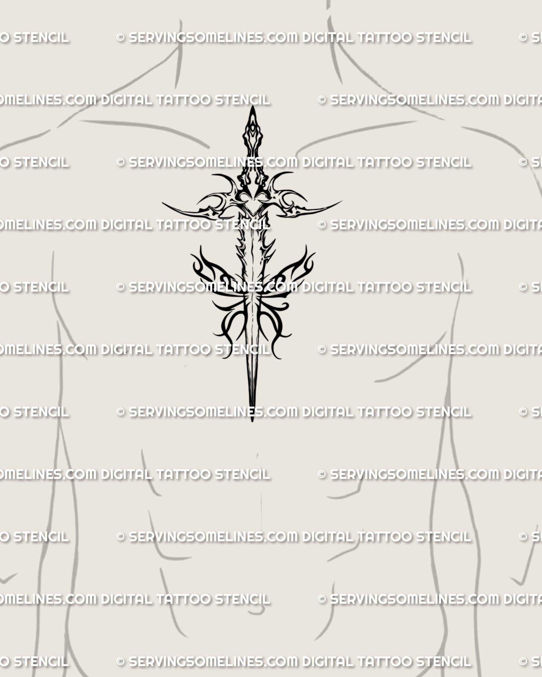 Male chest center placement of spiked tribal dagger tattoo flash—winged butterfly and subtle flames, framed for sternum and pectoral flow.
