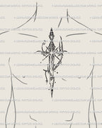 Gothic cybersigilism sword tattoo stencil shown centered on male chest, cybercore blade with celestial star accents for protective and powerful symbolism.