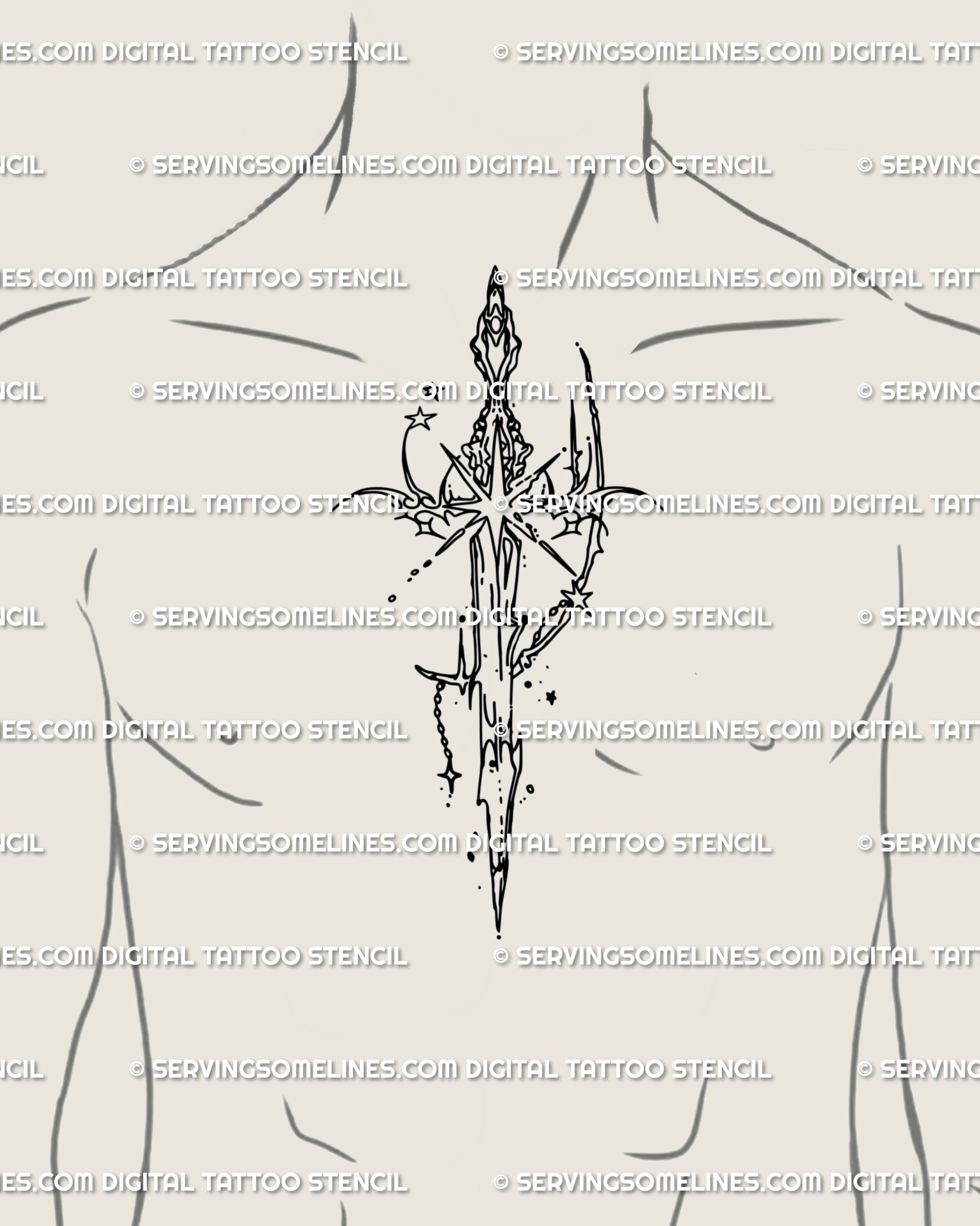 Gothic cybersigilism sword tattoo stencil shown centered on male chest, cybercore blade with celestial star accents for protective and powerful symbolism.