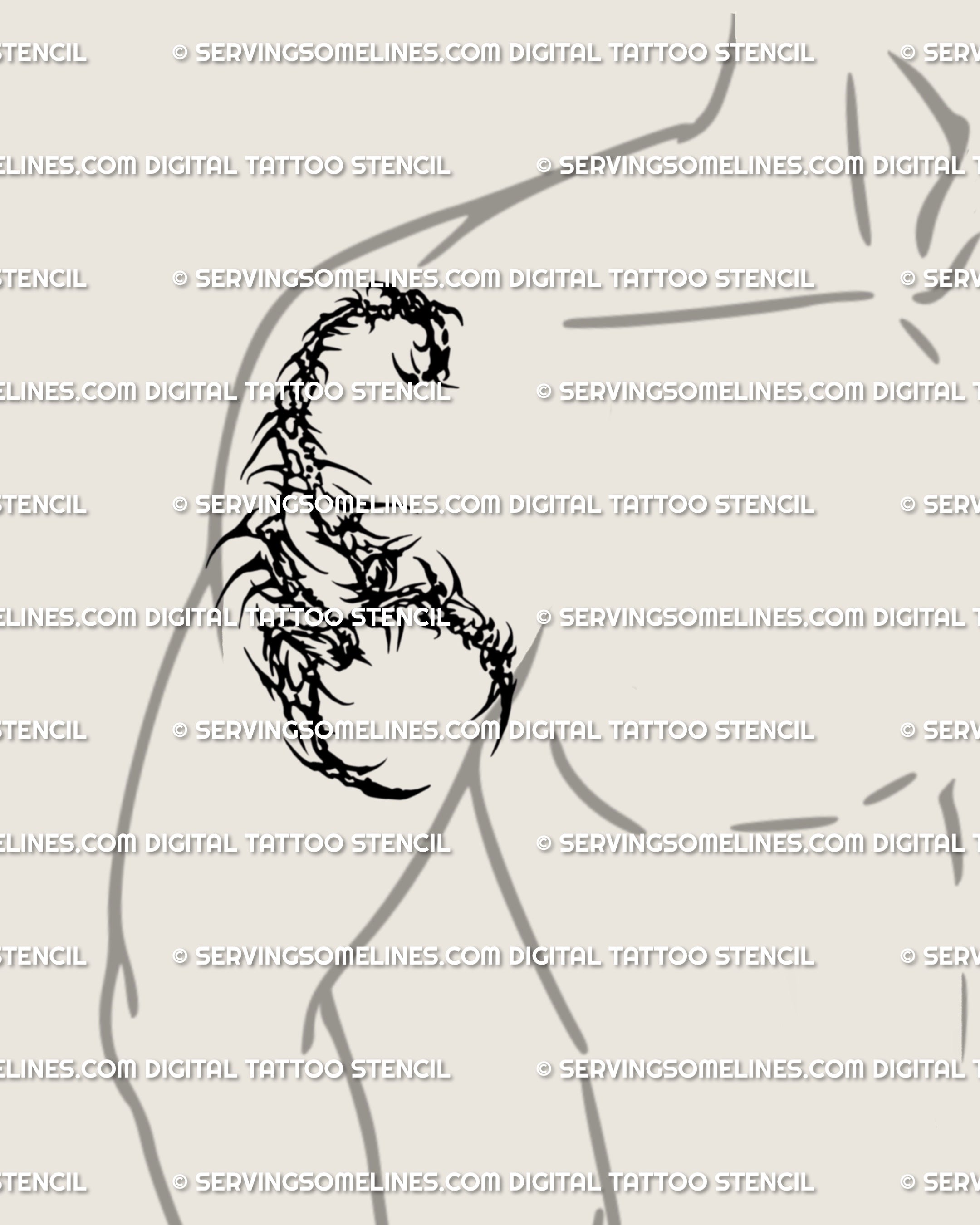 Neo tribal scorpion tattoo stencil idea for men’s shoulder, aggressive cybersigilism scorpion design with gothic edge, a cyber scorpion tattoo for strong presence.