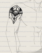 Winged demon skull tattoo displayed on male shoulder, gothic blackwork medieval charm design with chains and horns