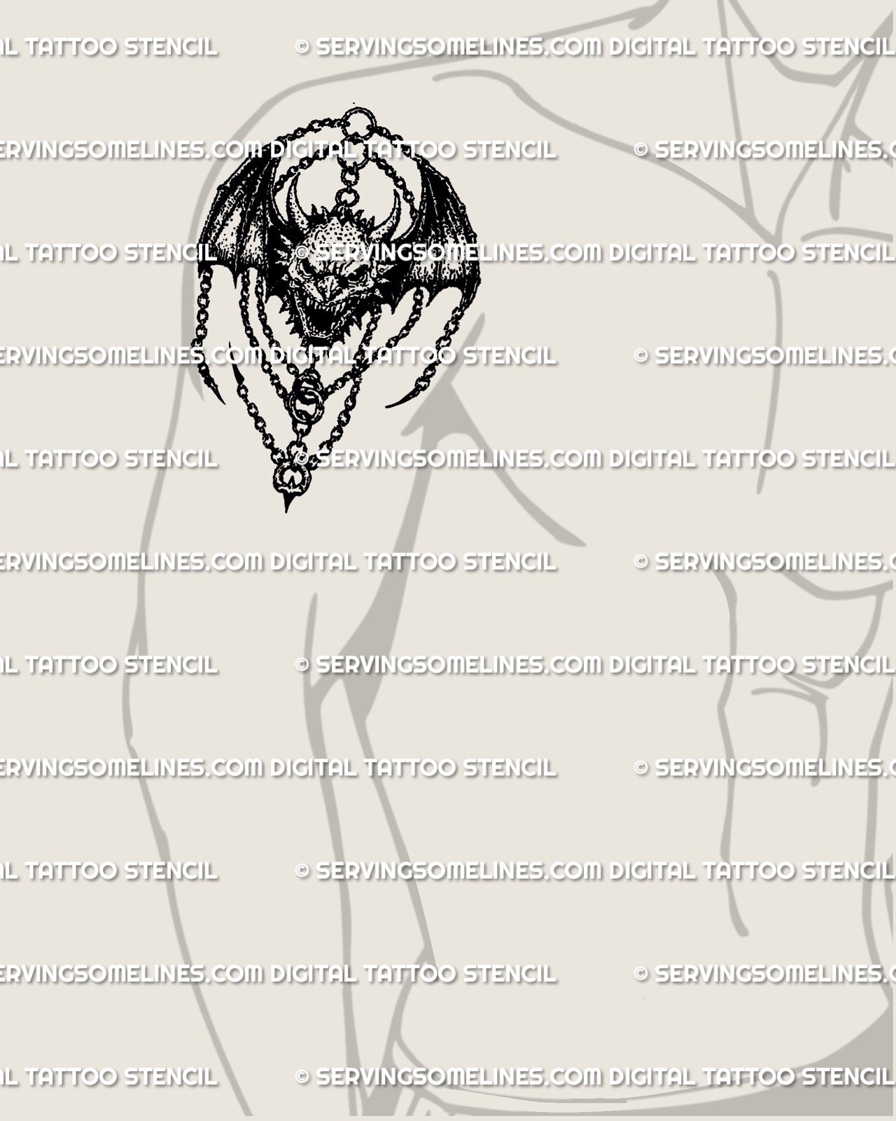 Winged demon skull tattoo displayed on male shoulder, gothic blackwork medieval charm design with chains and horns