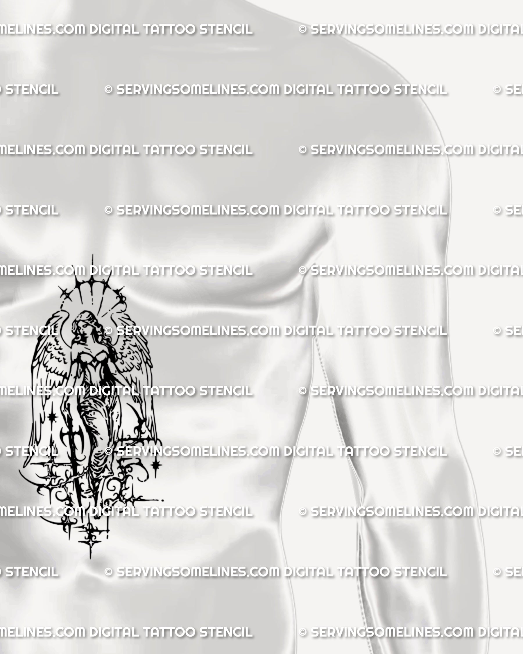 Male sternum angel tattoo stencil, cybersigilism warrior angel with sword and wings, gothic cybertribal ornamental protector.