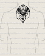 Gothic winged demon skull tattoo shown on male upper back center near neck, dark fantasy blackwork chain design