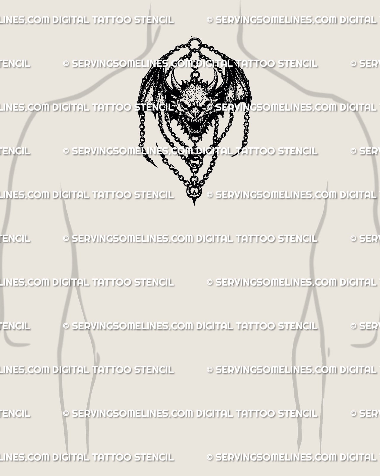 Gothic winged demon skull tattoo shown on male upper back center near neck, dark fantasy blackwork chain design