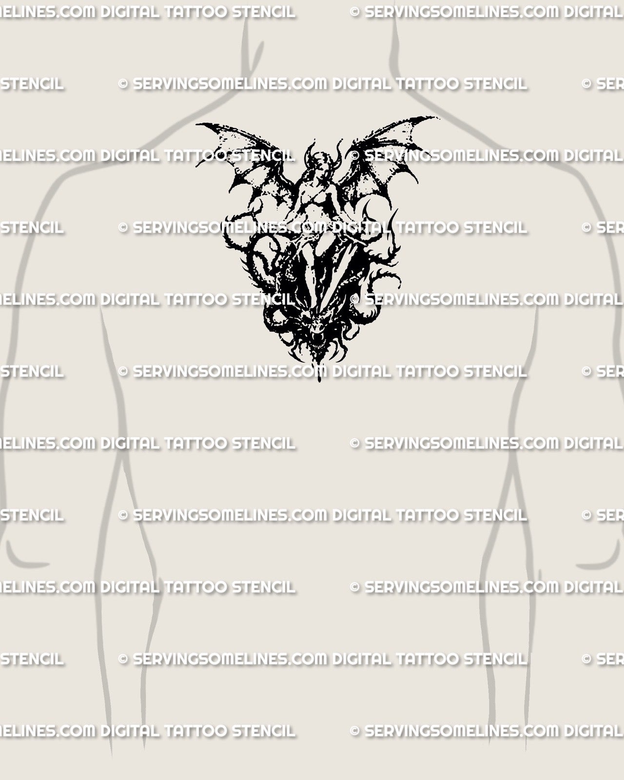 Gothic blackwork dragon-winged woman tattoo placed on male upper back center, dark fantasy dotwork digital stencil art