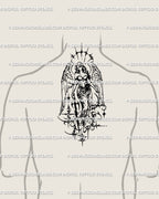 Male upper back angel tattoo design with sword and angel wings, cybertribal guardian archangel in neotribal cybersigilism.