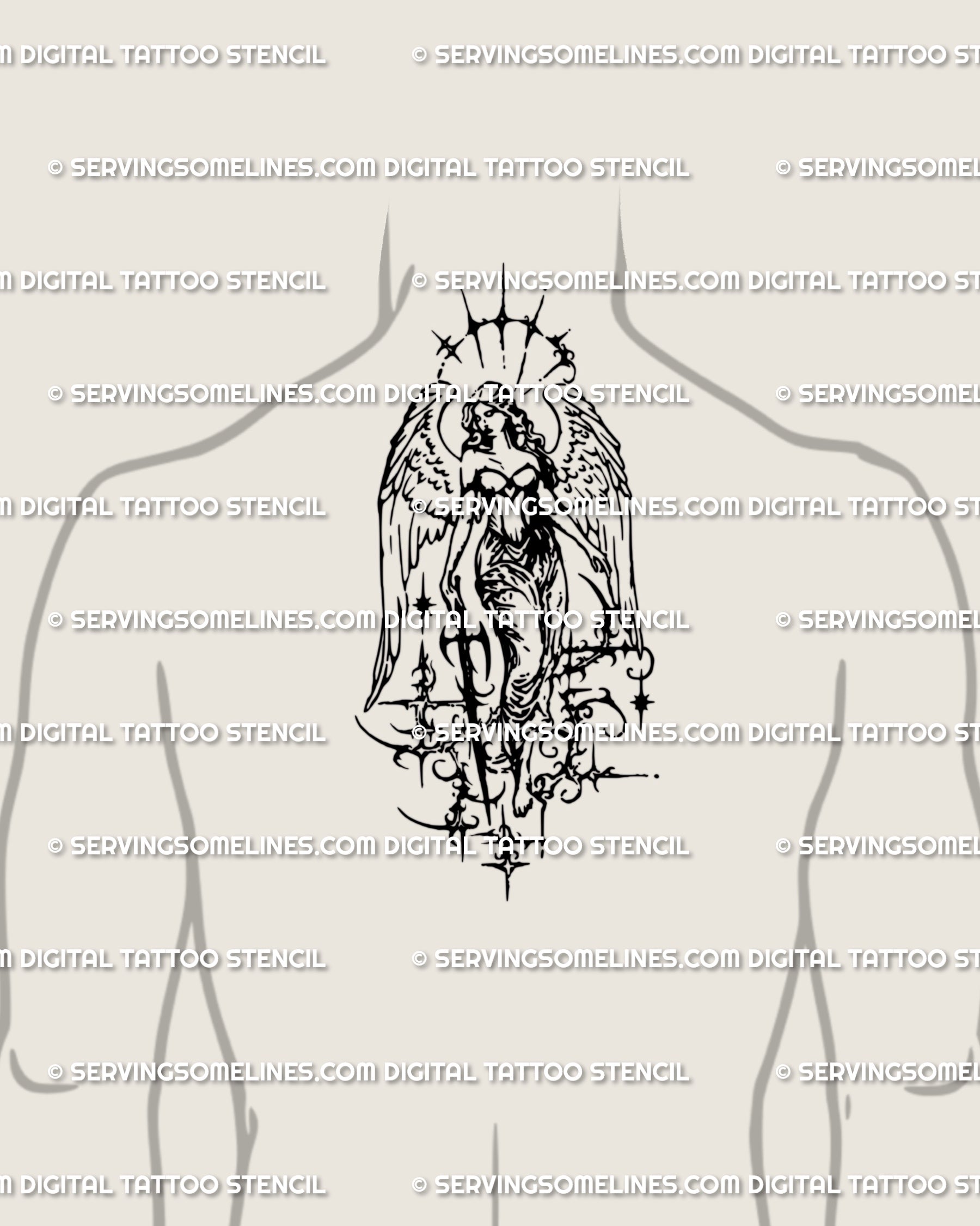 Male upper back angel tattoo design with sword and angel wings, cybertribal guardian archangel in neotribal cybersigilism.