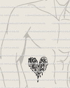 Liquid marble heart tattoo preview on male side-stomach placement, black dripping pattern shaped like melting heart in surreal fluid style.