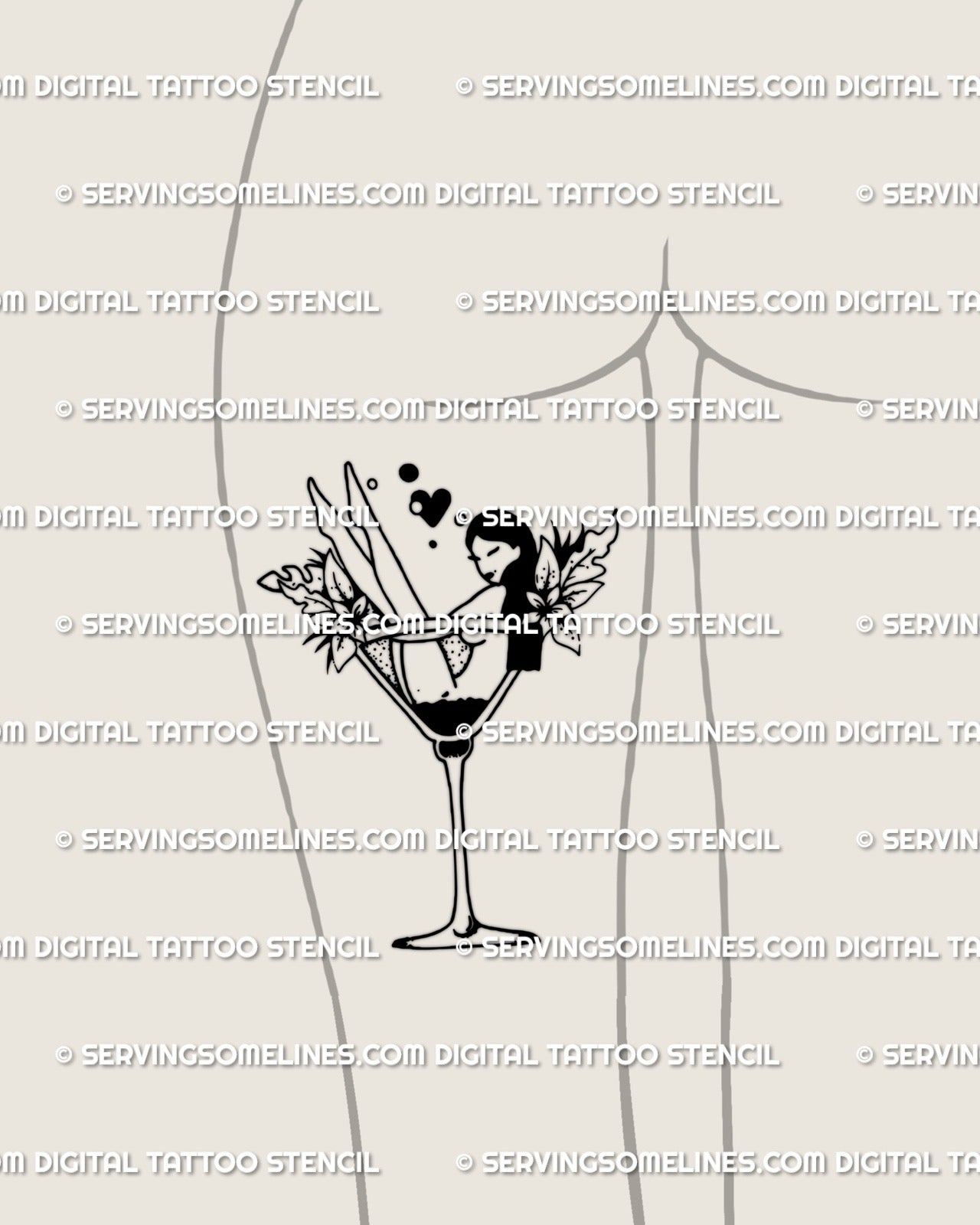 Martini girl tattoo stencil shown on a woman’s back thigh placement, clean linework displayed as a digital preview fitting the natural curve of the leg.