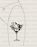 Martini girl tattoo stencil shown on a feminine hip placement, digital preview following the side curve with clean lineart that sits naturally on the skin.