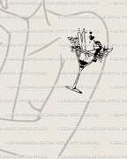 Martini girl tattoo stencil shown on a woman’s upper arm placement, clean lineart sitting naturally on the arm shape as a digital preview for sizing.
