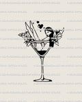 Digital stencil preview of the martini girl lineart tattoo shown in full design view, clean outlines highlighted clearly on a plain background for accuracy.