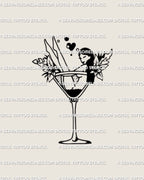 Digital stencil preview of the martini girl lineart tattoo shown in full design view, clean outlines highlighted clearly on a plain background for accuracy.