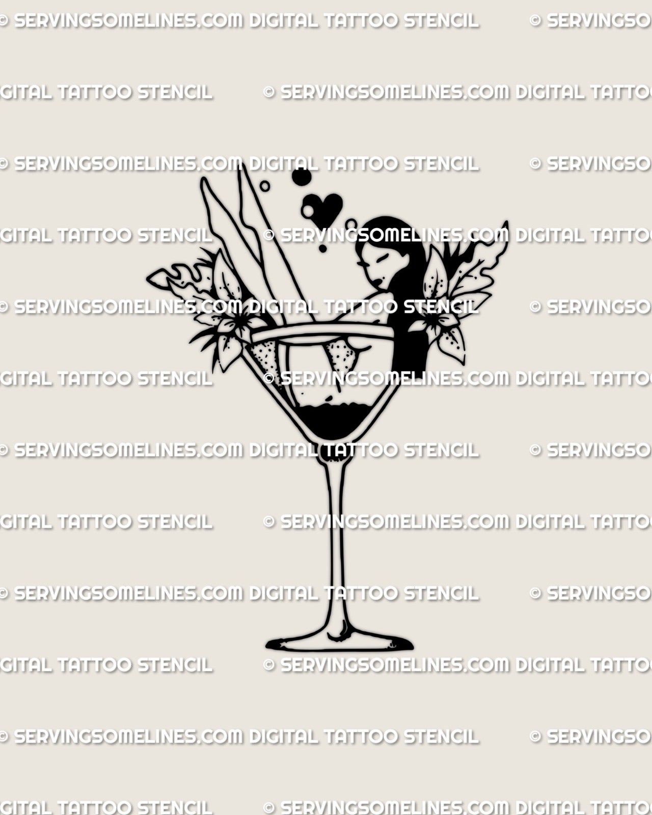 Digital stencil preview of the martini girl lineart tattoo shown in full design view, clean outlines highlighted clearly on a plain background for accuracy.