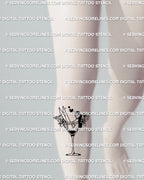 Digital stencil preview of the martini girl tattoo placed under the knee on the shin, clean outlines arranged to match the leg shape for accurate sizing.