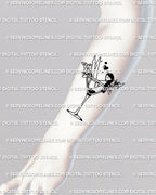 Digital stencil preview of the martini girl tattoo shown on the forearm, vertical flow fitting the arm’s length with clean outlines for easy placement.