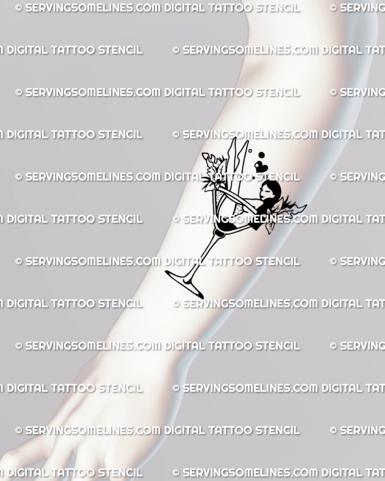 Digital stencil preview of the martini girl tattoo shown on the forearm, vertical flow fitting the arm’s length with clean outlines for easy placement.