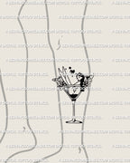 Digital stencil preview of the martini girl tattoo on the lower leg, vertical silhouette fitting the shin area with clean readable linework.
